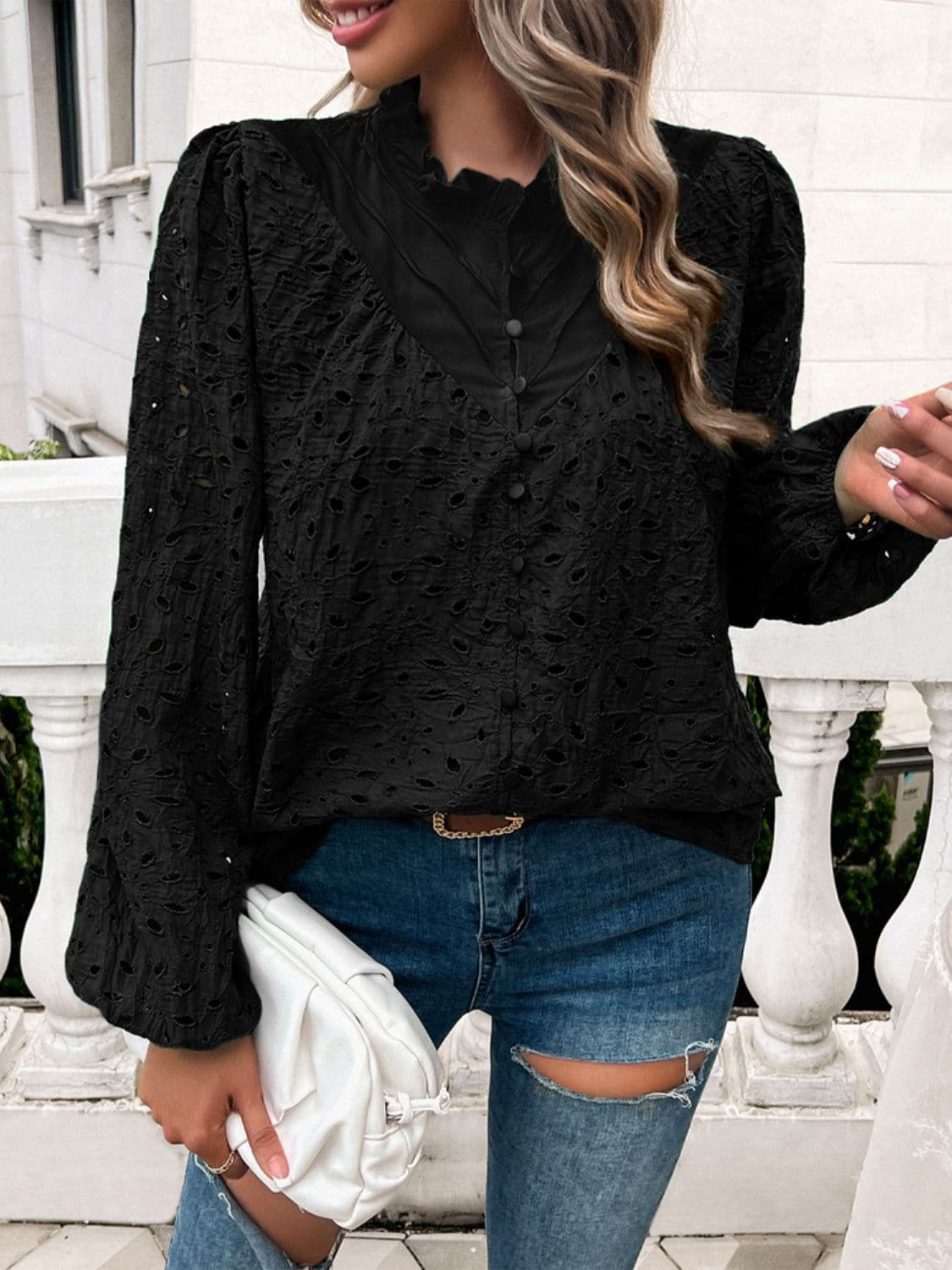 Frill Round Neck Long Sleeve Shirt.