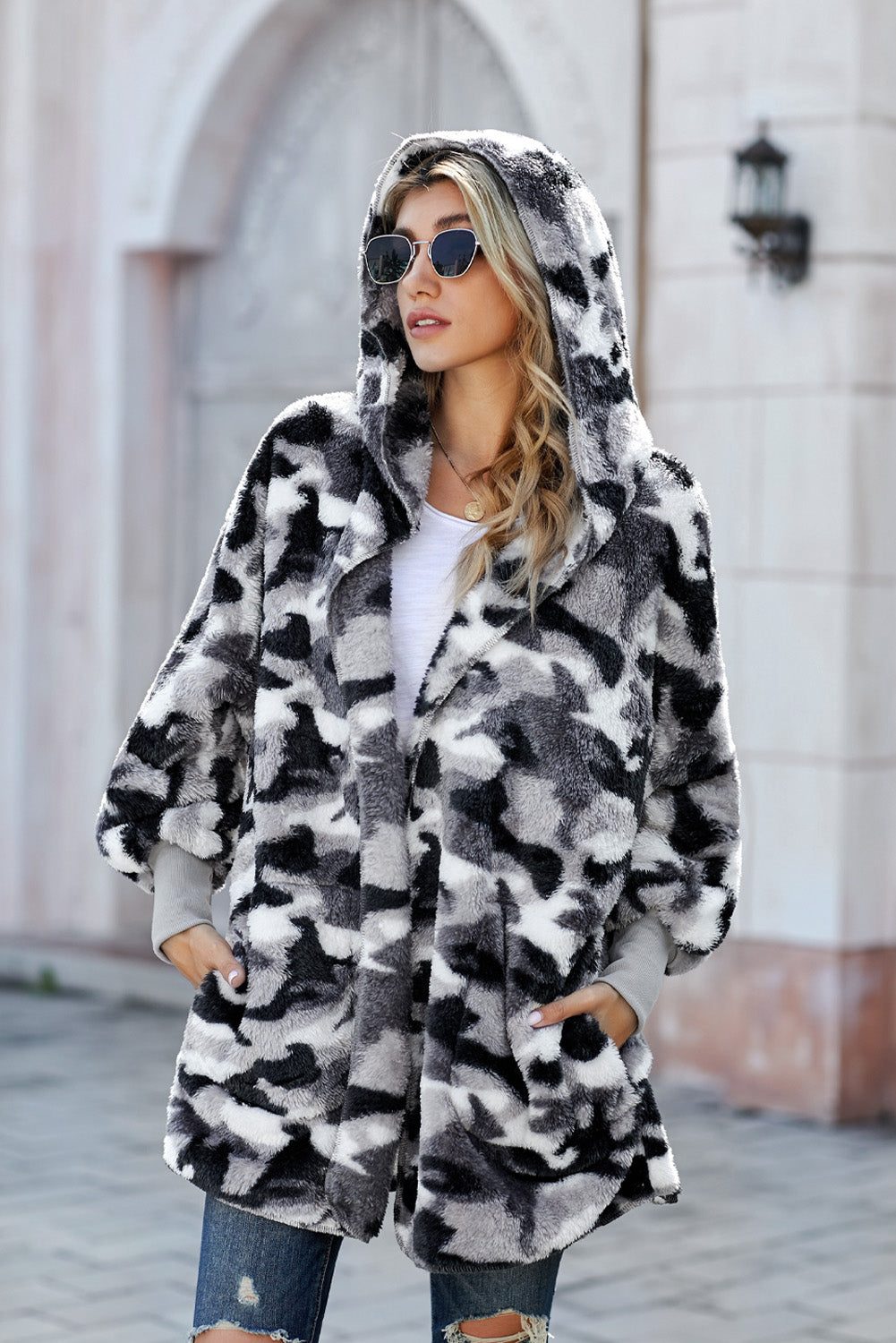 Cozy gray camo fleece hooded coat with open front and pockets