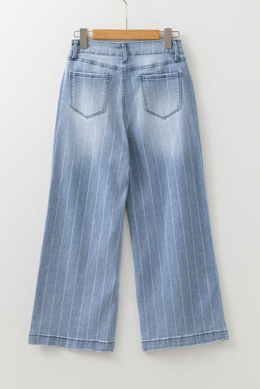 Beau Blue Multi Buttons Pinstripe Wide Leg Jeans for Women