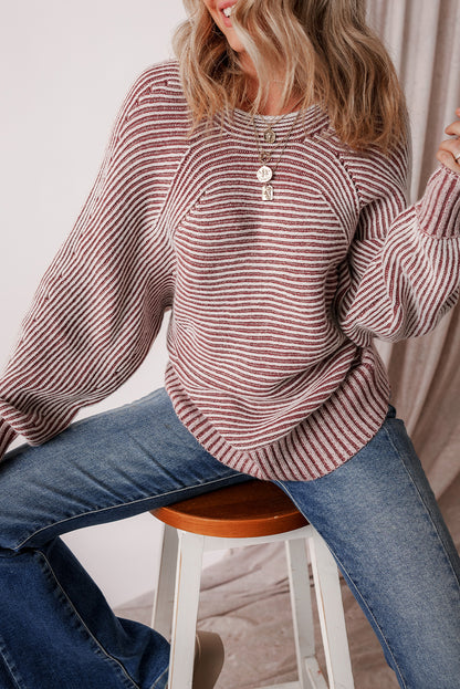 Premium Red Dahlia Striped Print Knit Boat Neck Baggy Sweater