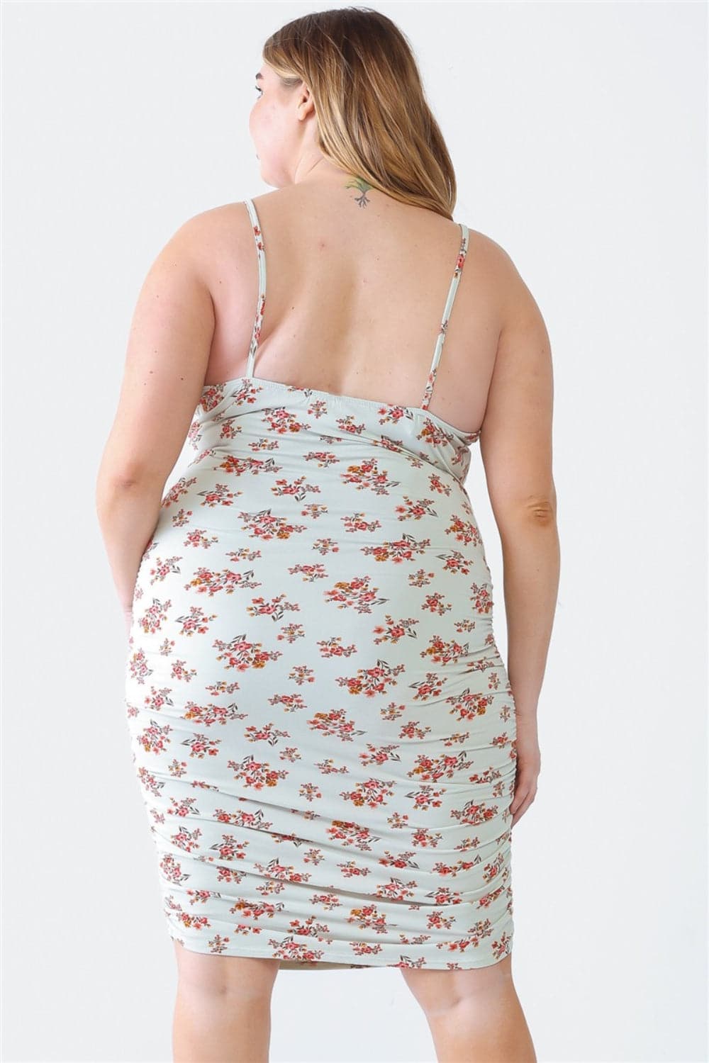 Blue Leopard Plus Size Ruched Floral Square Neck Cami Dress.