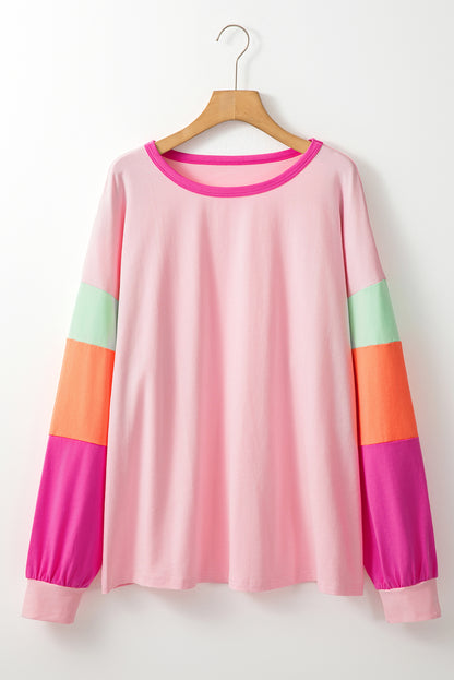 Trendy pink colorblock patchwork long sleeve top for plus sizes