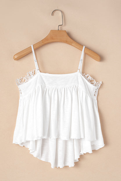 Elegant White Lace Spliced Ruffled Flared Tank Top with Spaghetti Straps