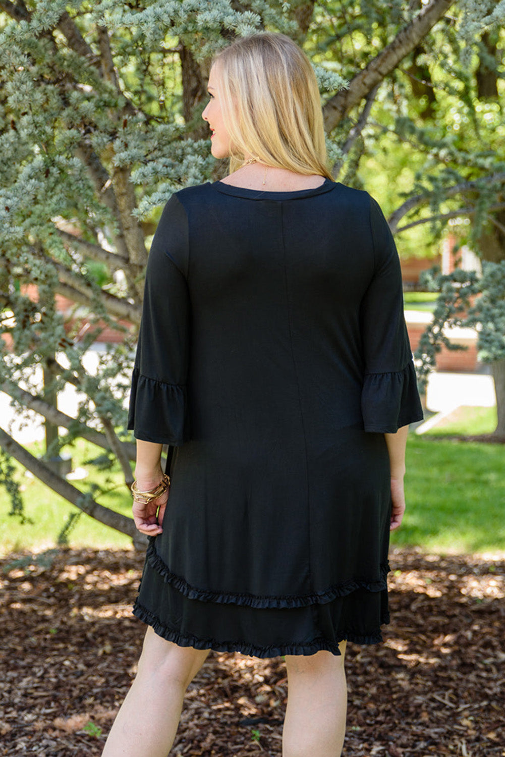 Chic black plus size ruffled sleeve dress for effortless elegance