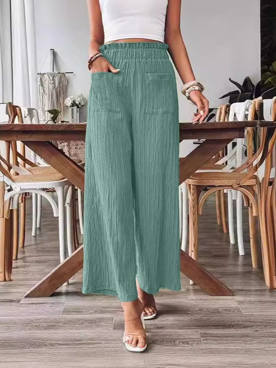 Frilled Pocketed Wide Leg Trousers