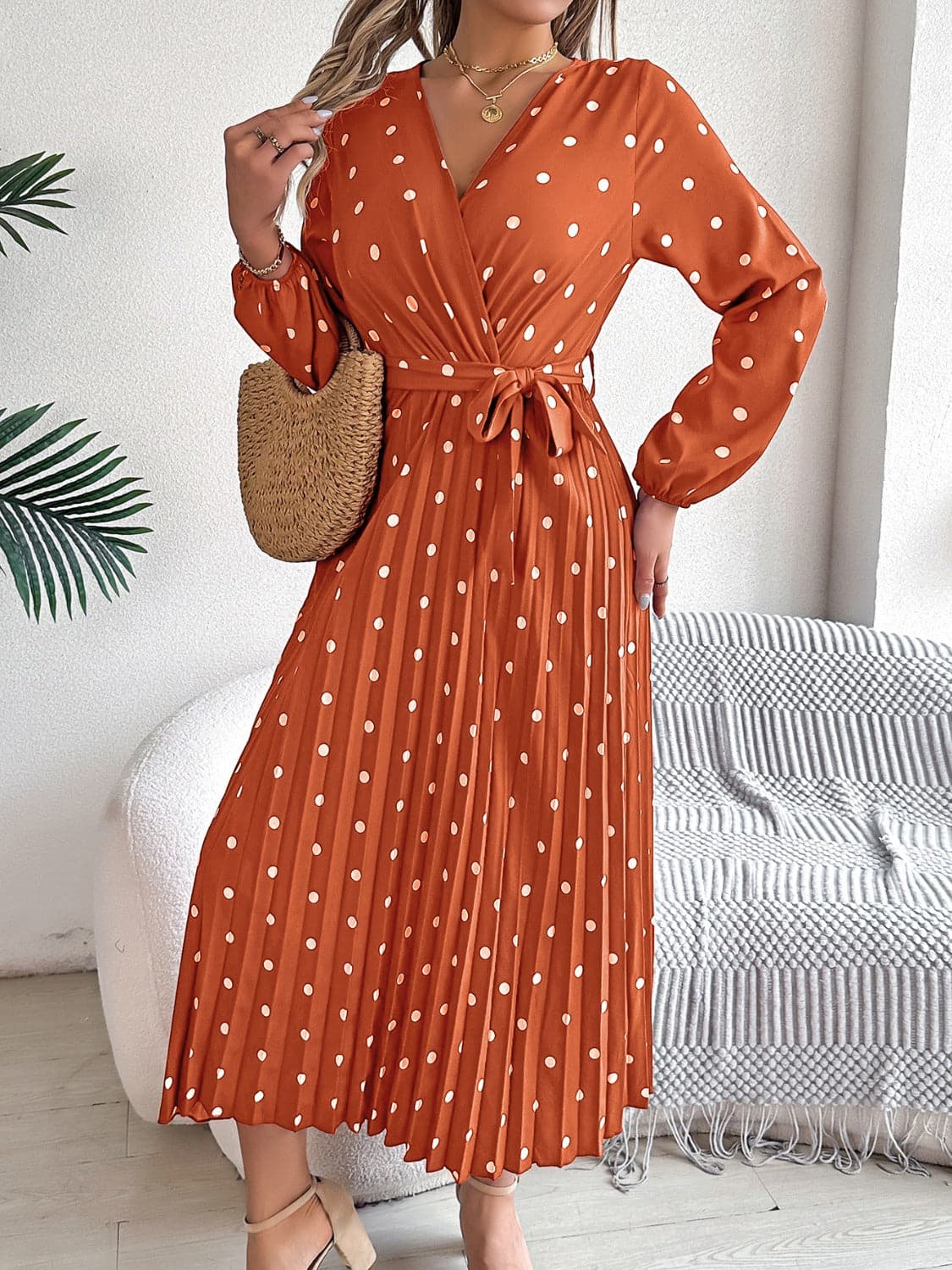 Tied Polka Dot Long Sleeve Midi Dress.