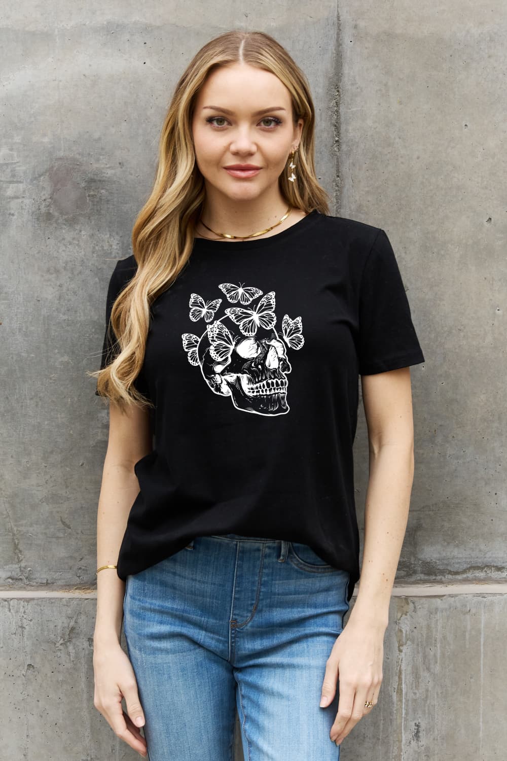 Chic butterfly skull graphic cotton t-shirt