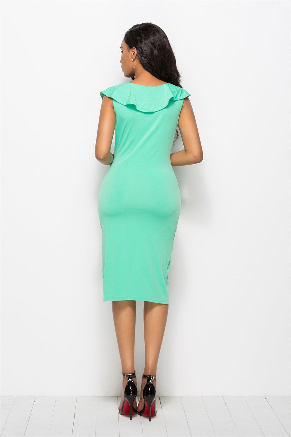 Ruched Ruffled Cap Sleeve Dress.