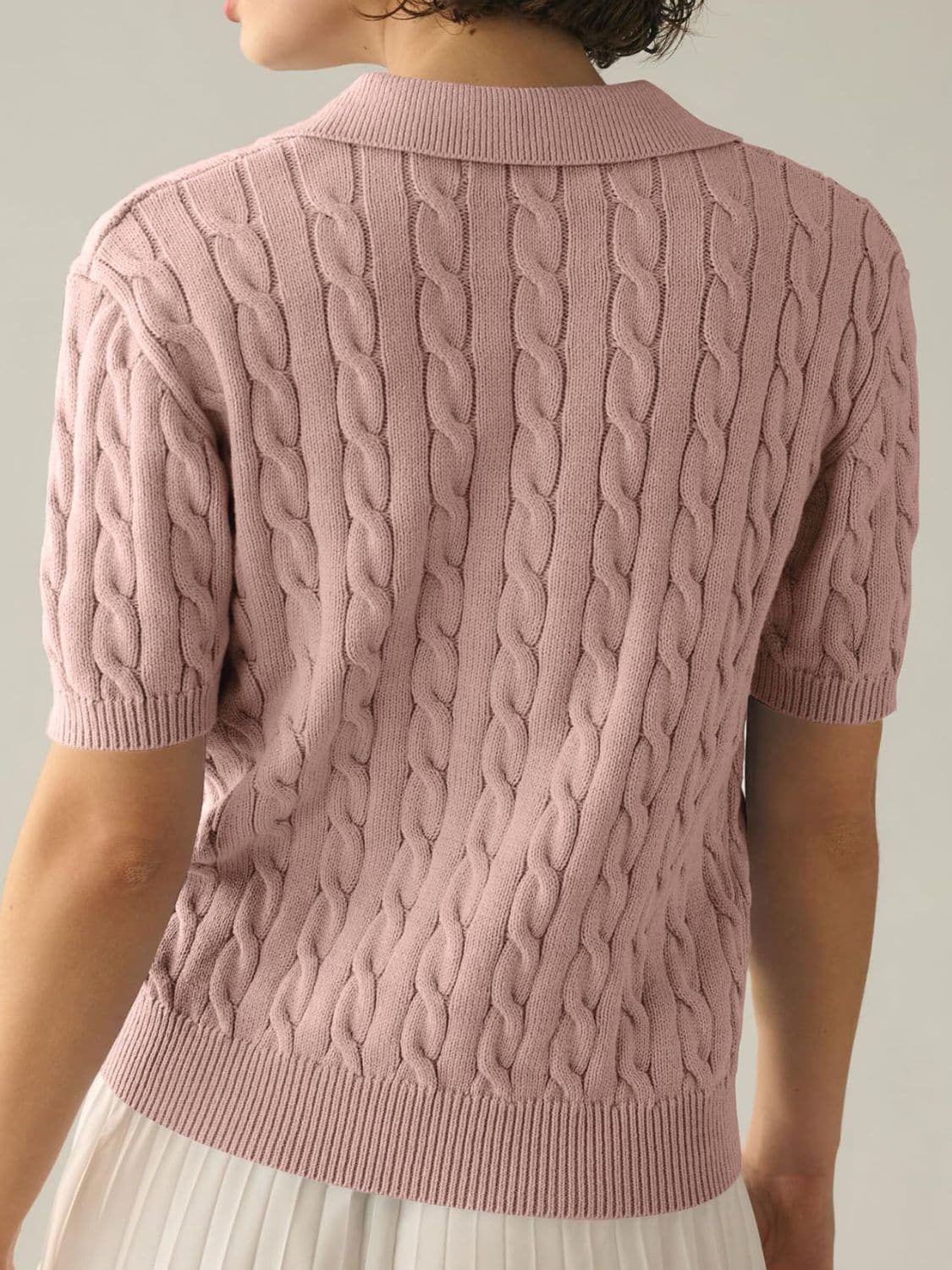 Cable-Knit Collared Neck Half Sleeve Sweater.