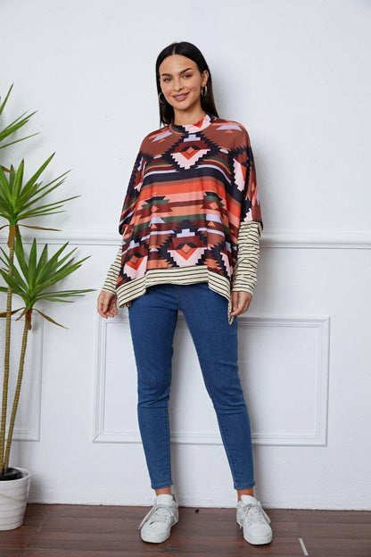 Geometric Striped Splicing Round Neck Blouse.