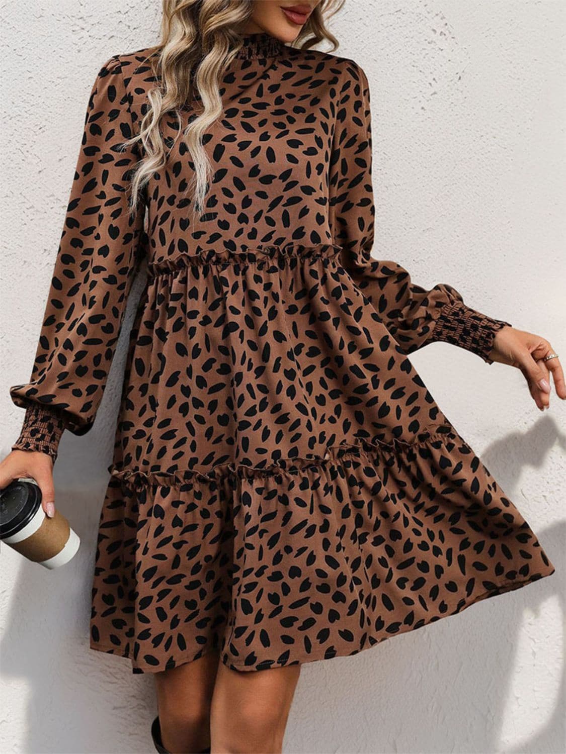 Frill Printed Mock Neck Long Sleeve Mini Dress.