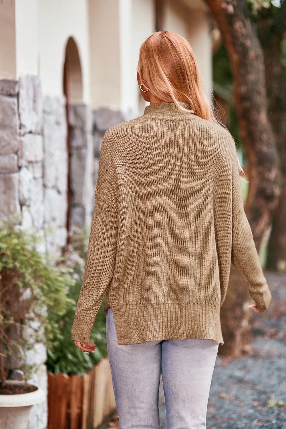 Mock Neck Rib-Knit Sweater.