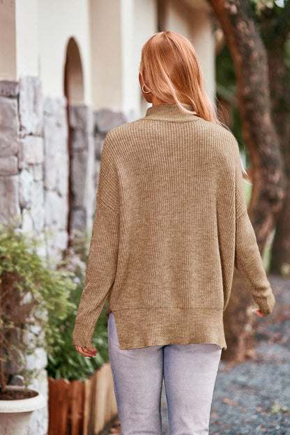 Mock Neck Rib-Knit Sweater.