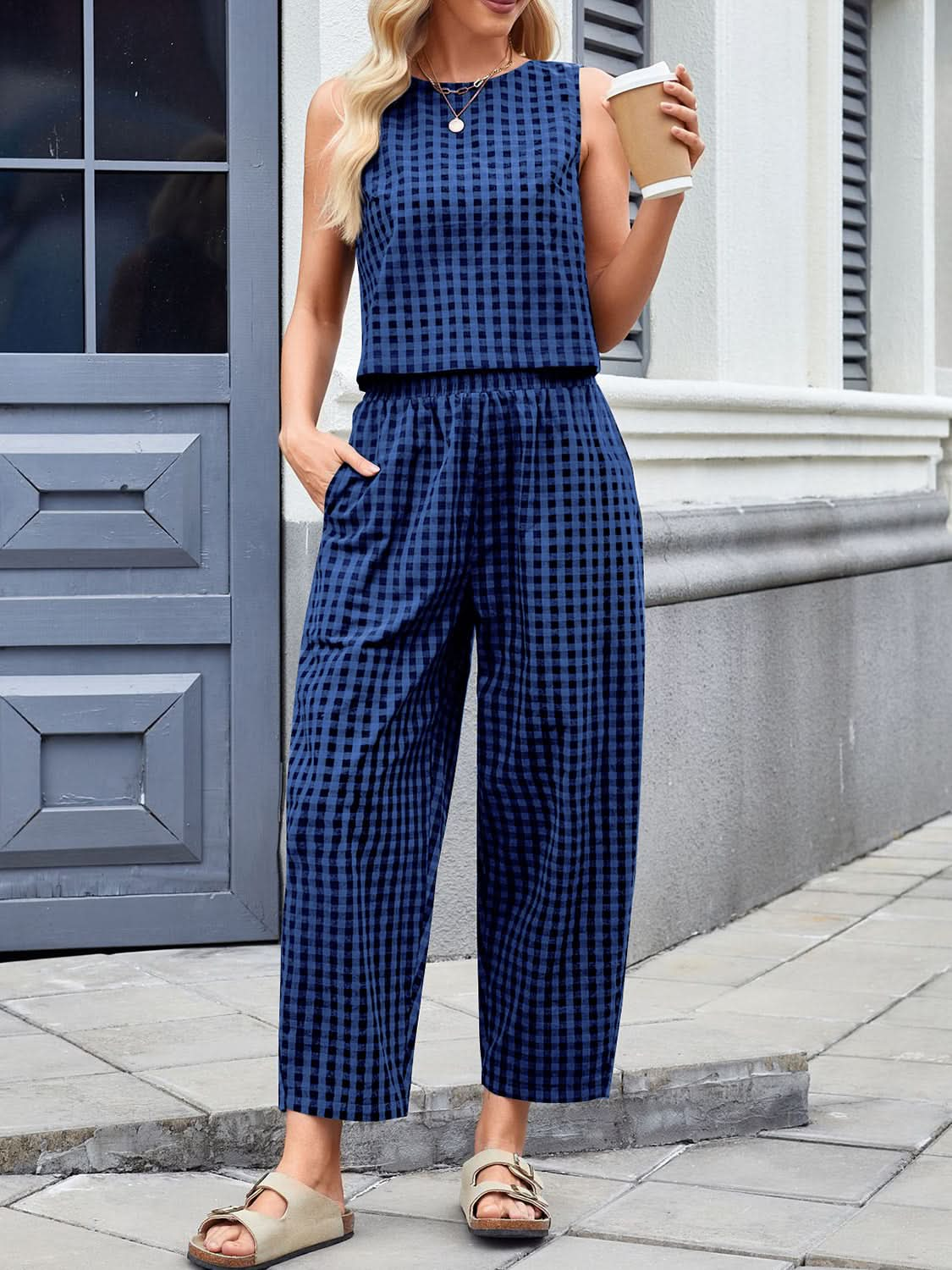 Chic Lovelet Plaid Sleeveless Top and Pants Ensemble