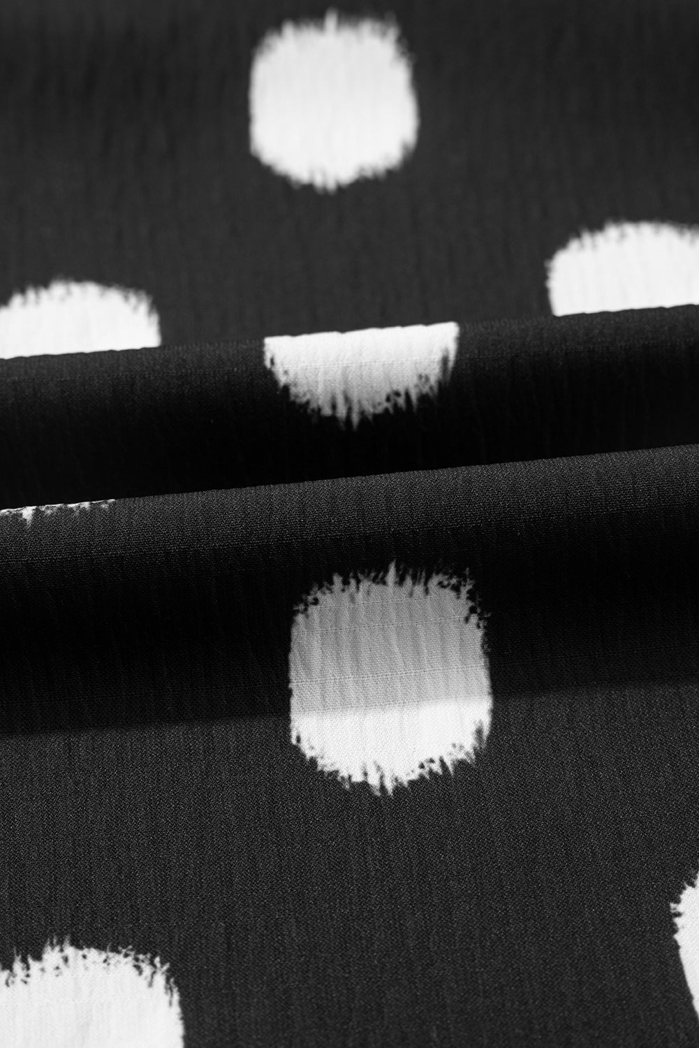 Black Polka Dot Print Smocked Notched Neck Balloon Sleeve Blouse Divine Design4U