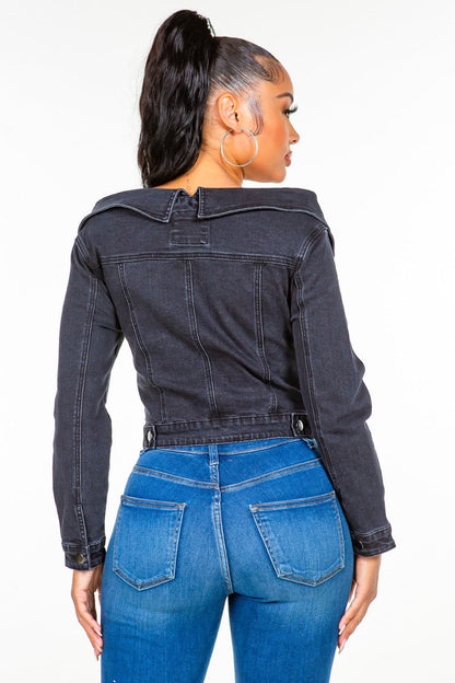 Trendy off-shoulder lace-up denim jacket for a chic look