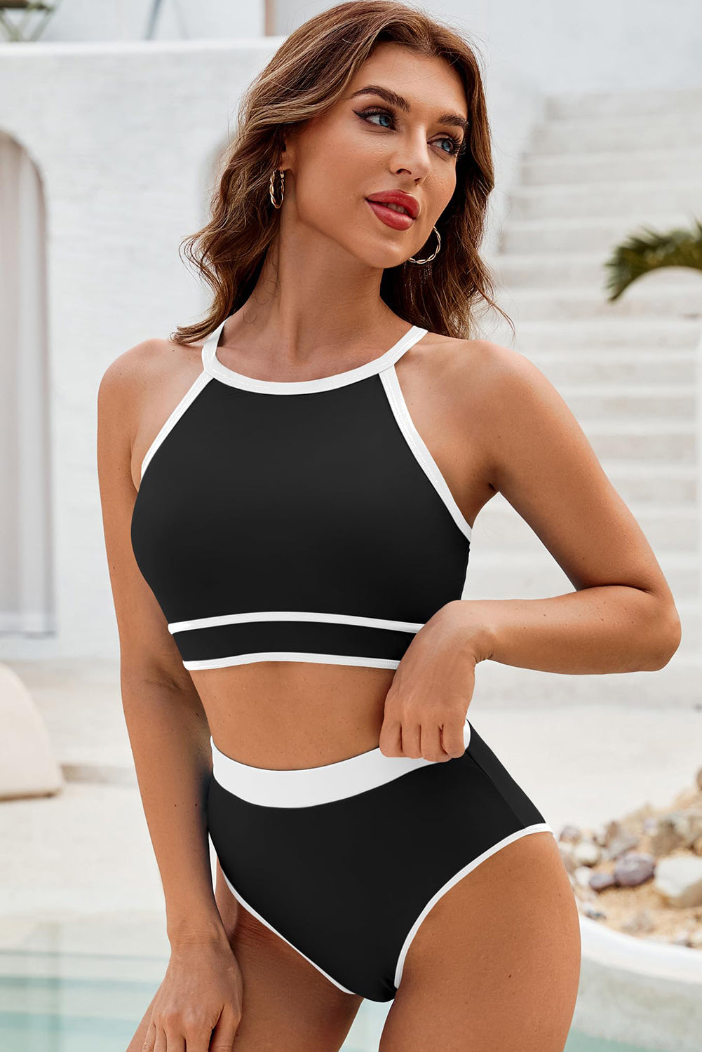 Black High Waisted Bikini with Crisscross Back and Contrast Trim