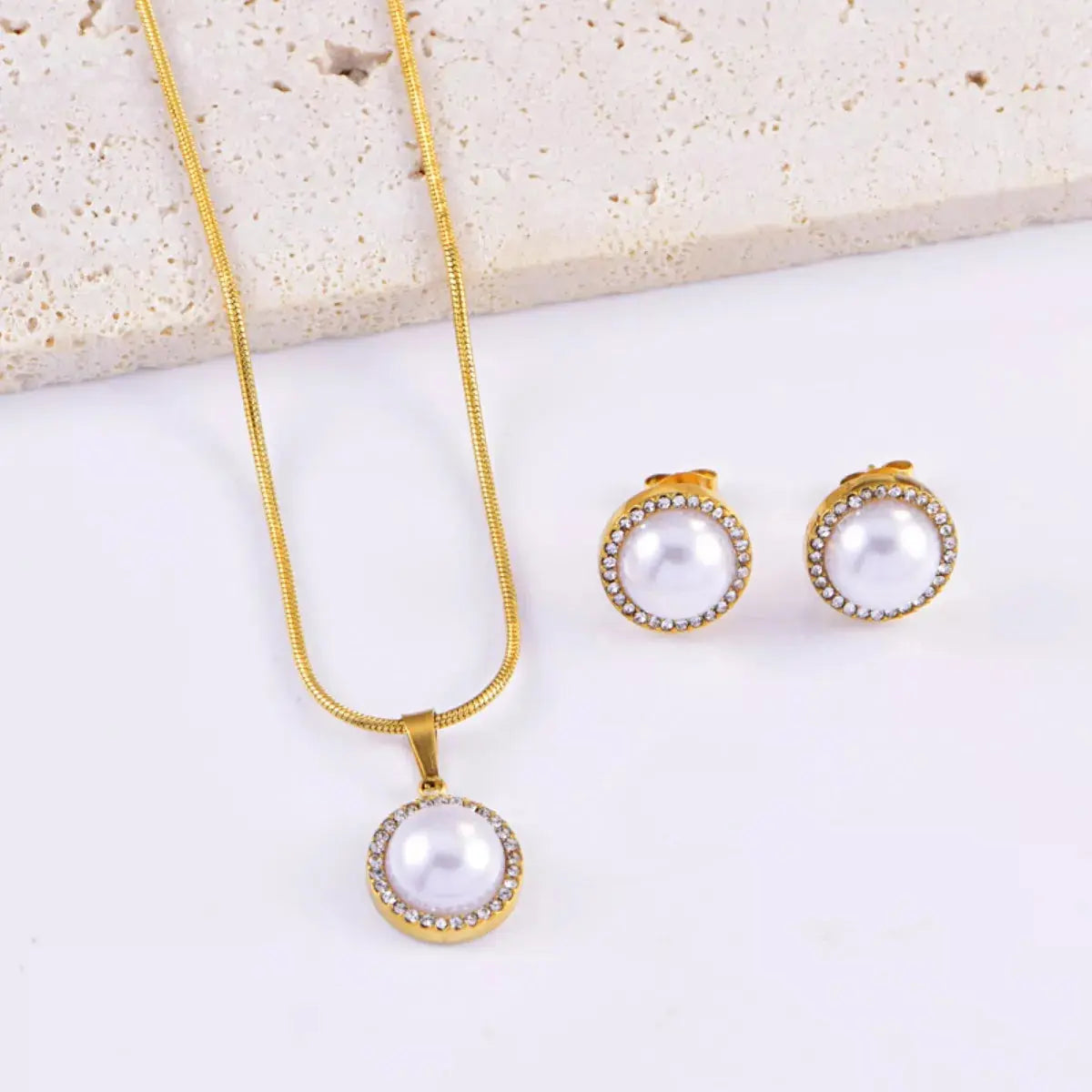 Synthetic Pearl 18K Gold-Plated Rhinestone Necklace and Earrings Jewelry Set Simply Love