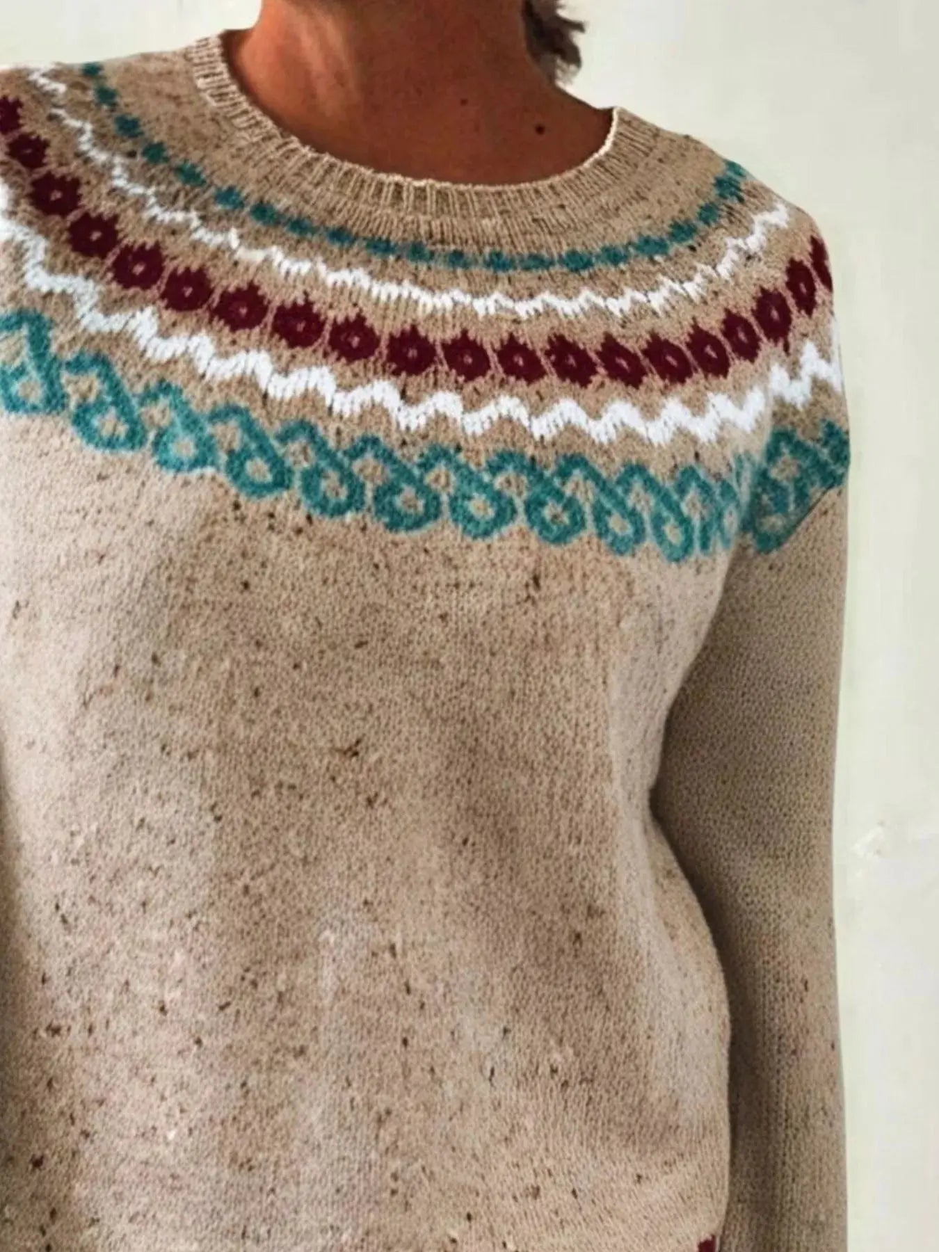 Full Size Vintage Patterned Round Neck Sweater Plus Size Simply Love