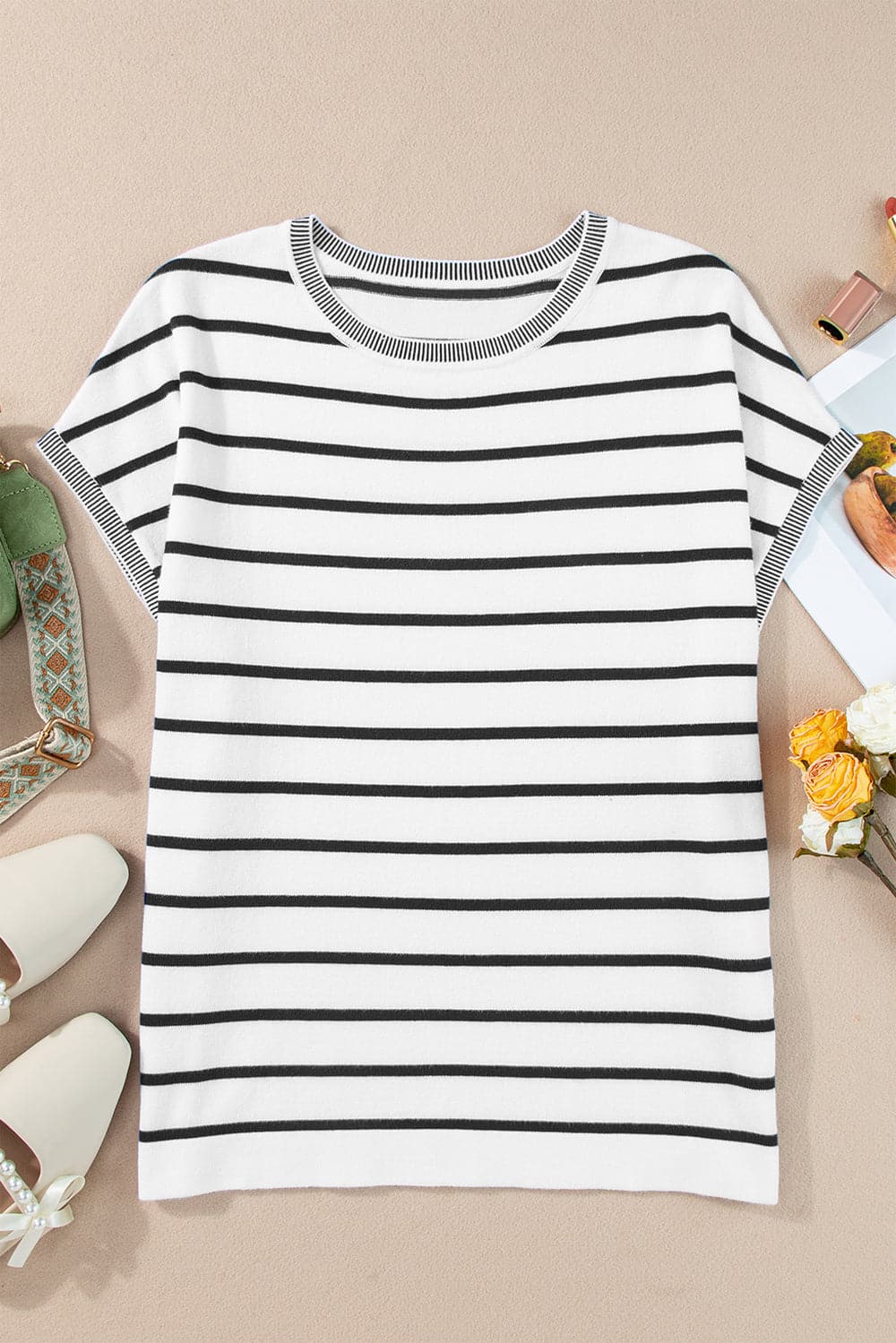 Striped Round Neck Cap Sleeve Knit Top.