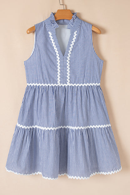 Blue Striped Sleeveless Mini Dress with Notched V Neck and Contrast Trim