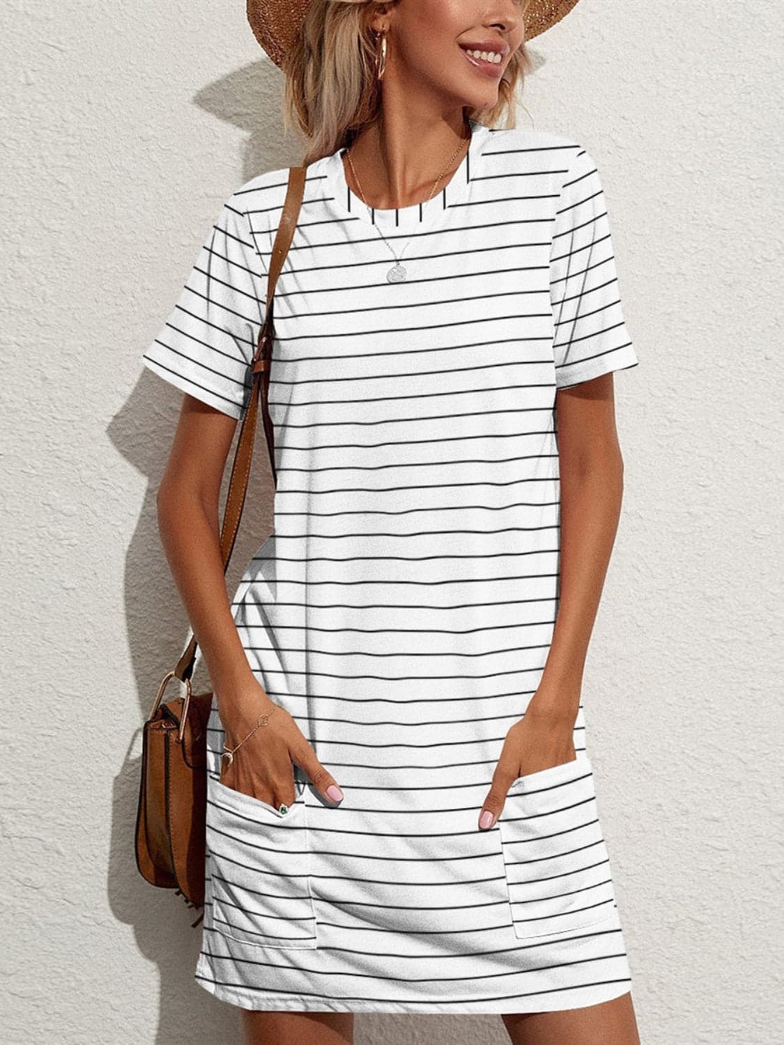 Pocketed Striped Round Neck Short Sleeve Dress.