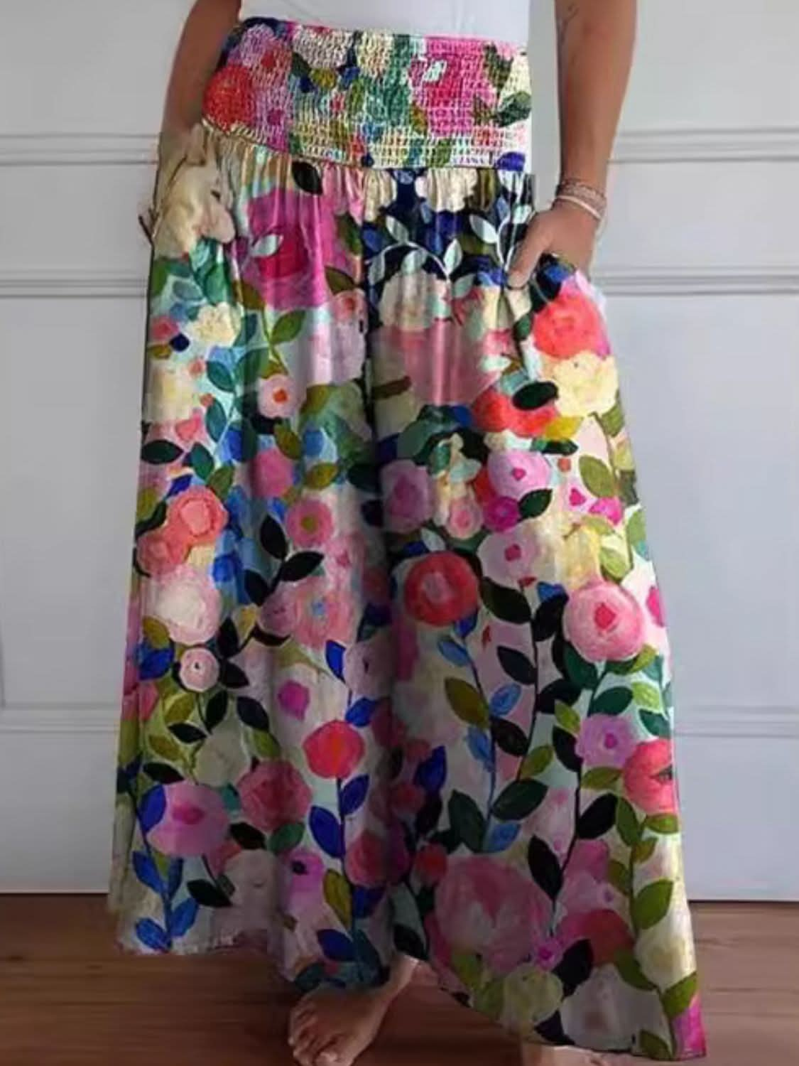 Smocked Wide Leg Pants with Pockets in Full Size