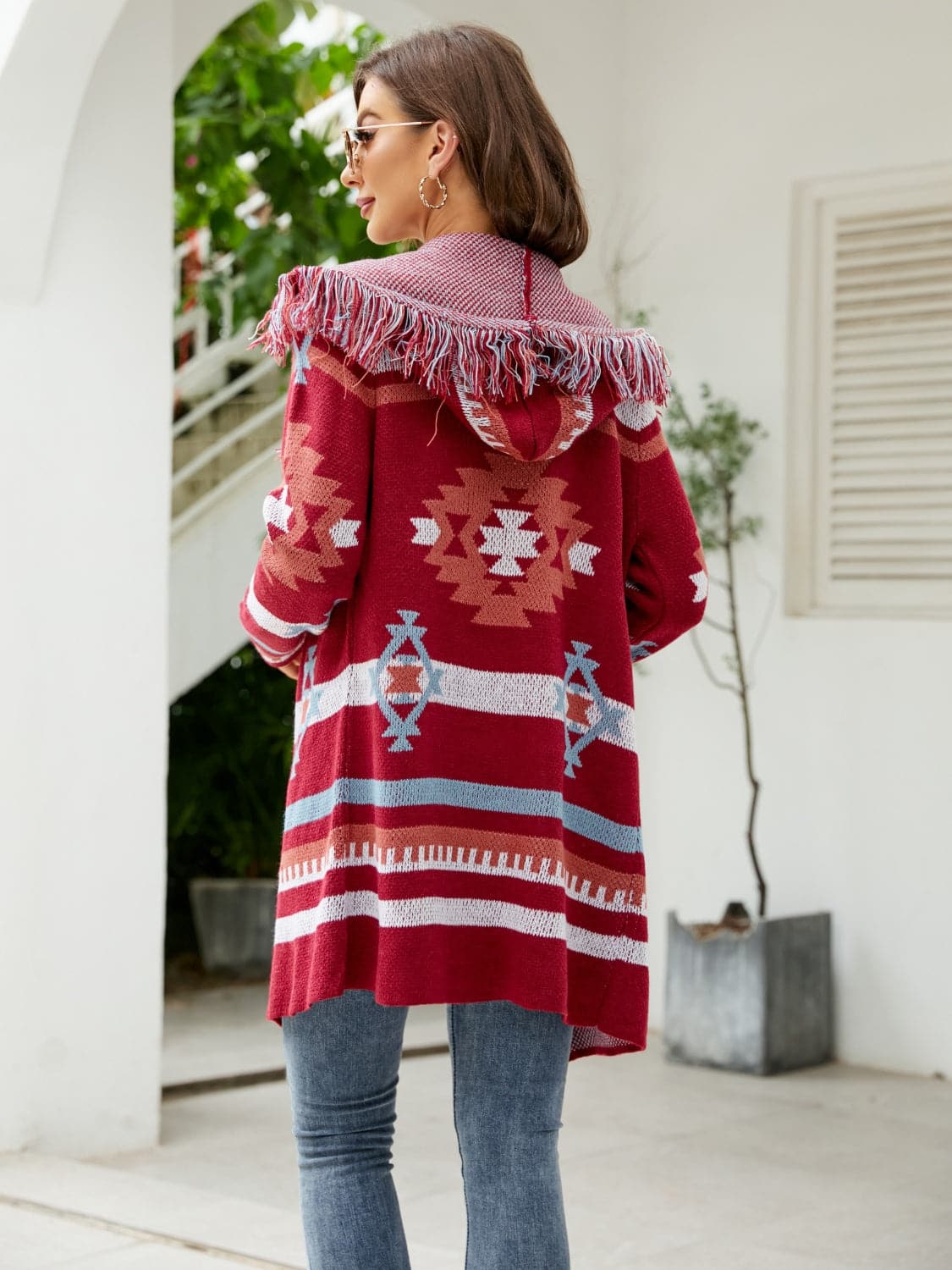 Fringe Geometric Hooded Long Sleeve Cardigan.