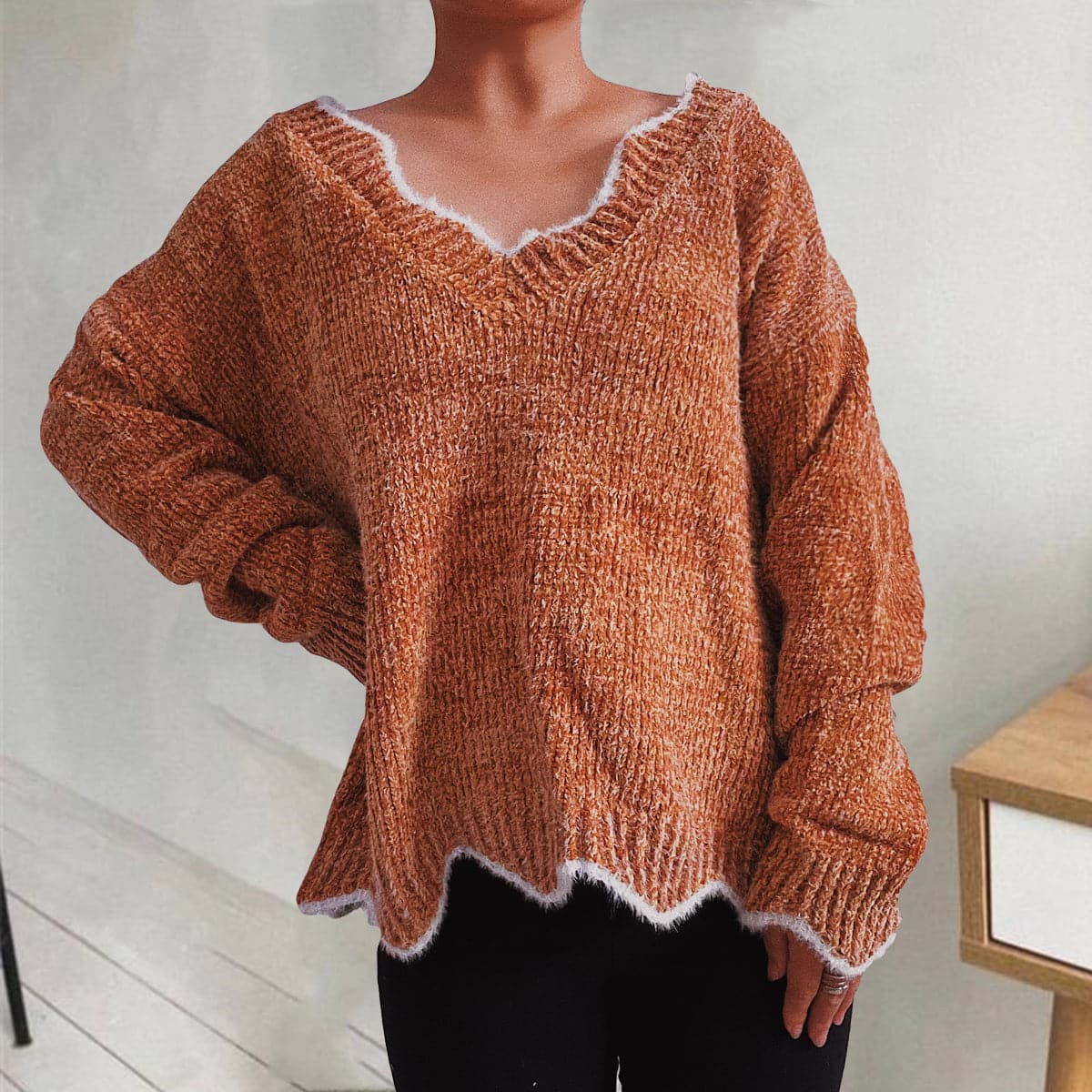 V-Neck Drop Shoulder Long Sleeve Sweater.