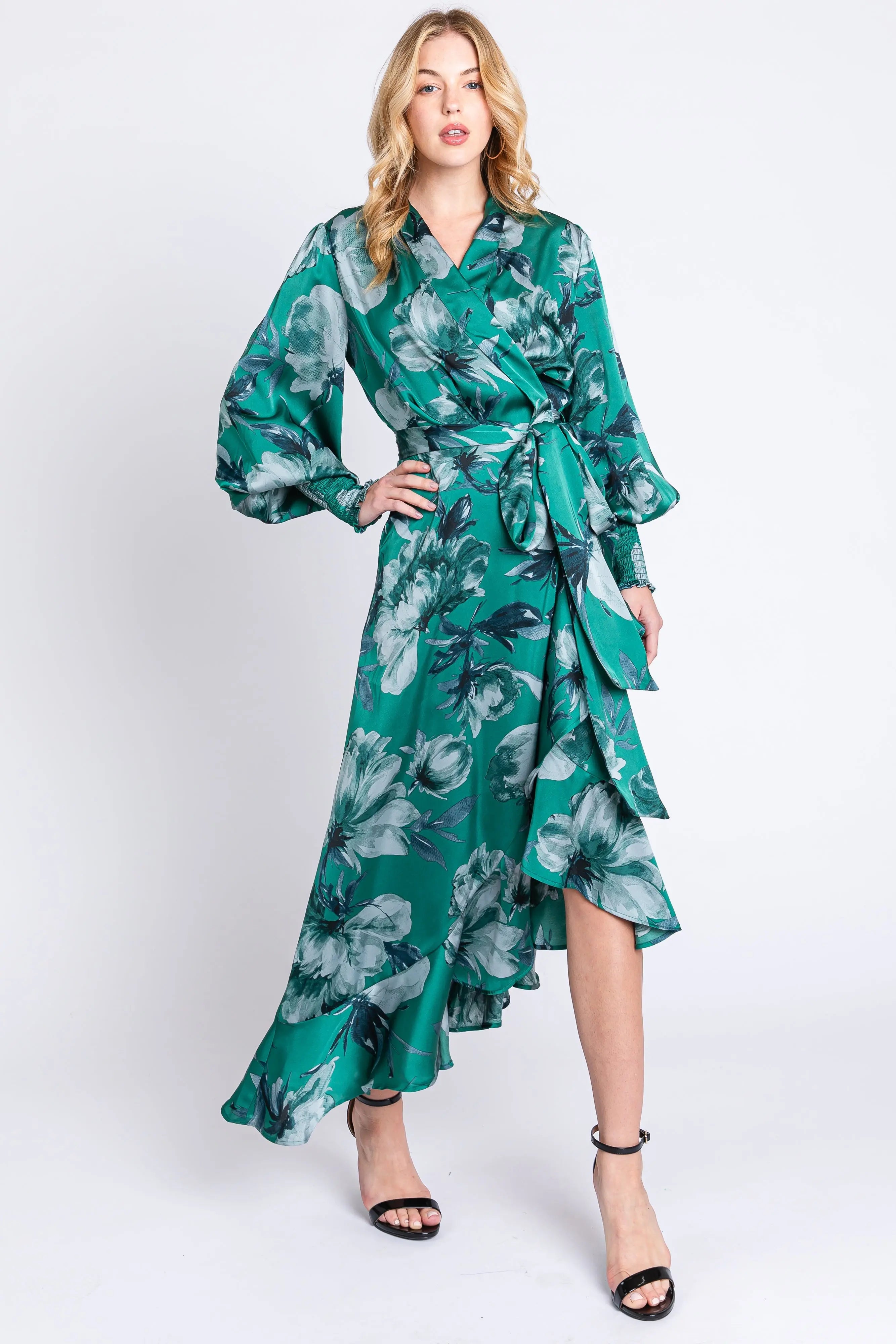 Green Satin Asymmetrical Flounce Trim Midi Dress PinkBlush