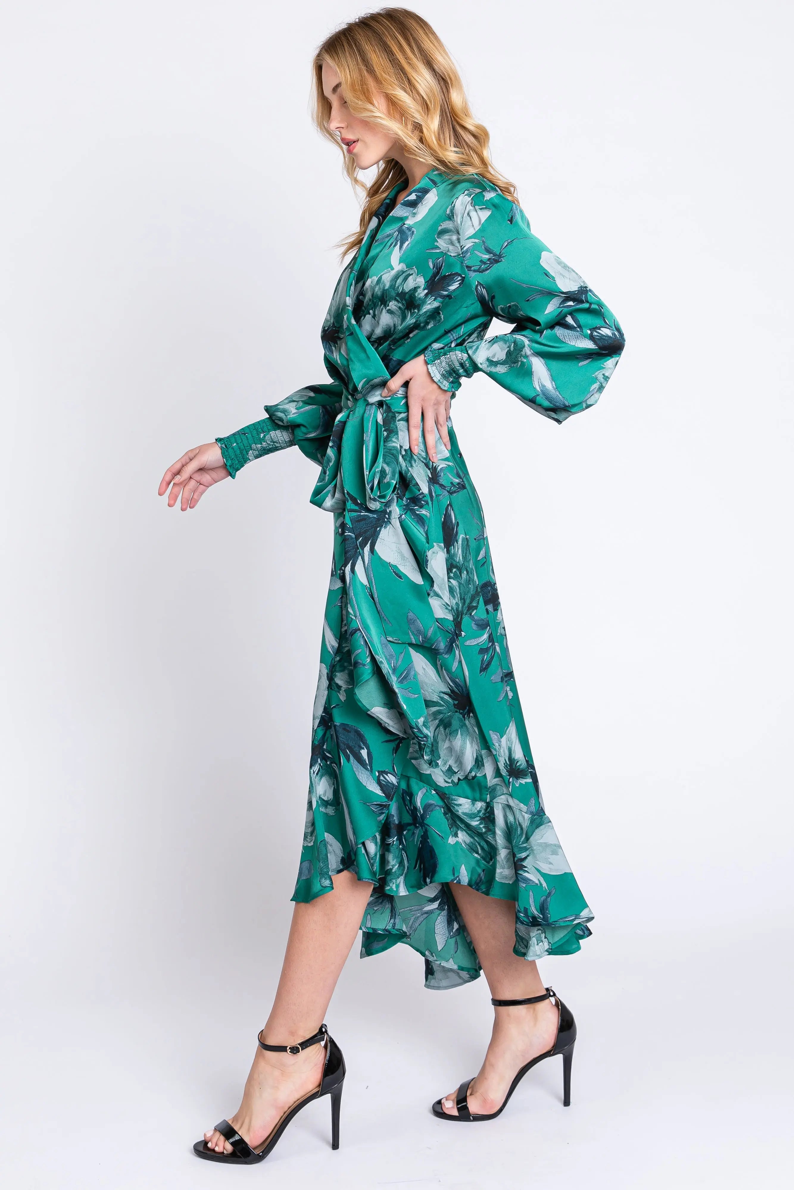 Green Satin Asymmetrical Flounce Trim Midi Dress PinkBlush
