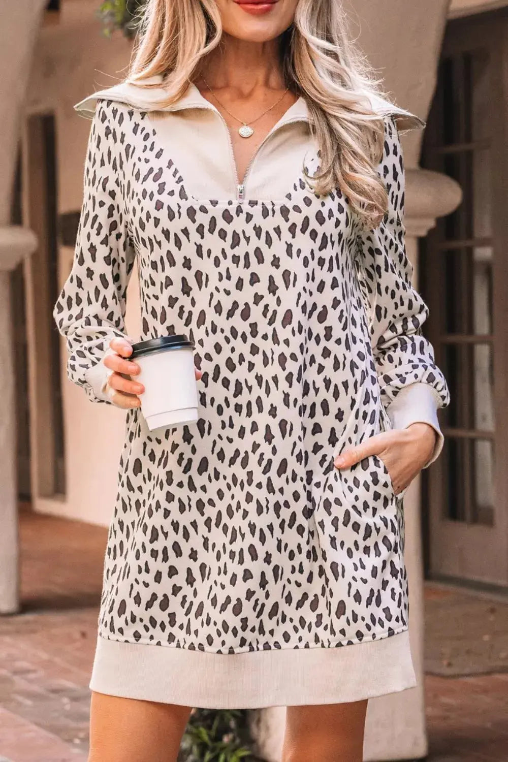 Leopard Print Zip up Collar Patchwork Shift Mini Dress Simply Love