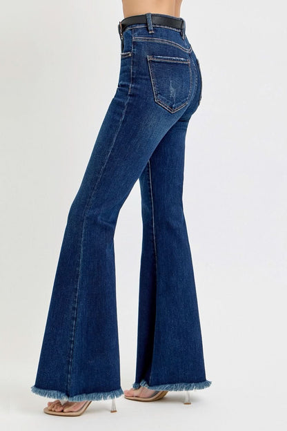 High-rise tummy control flare jeans with frayed hem and belt