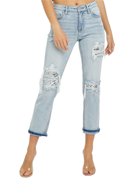 RISEN Mid-Rise Sequin Patched Jeans.