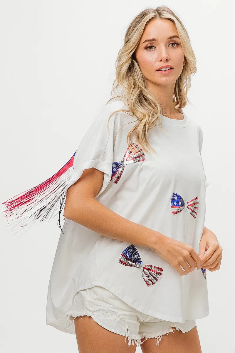 BiBi American Flag Sequin Ribbon T-Shirt - Love Salve 