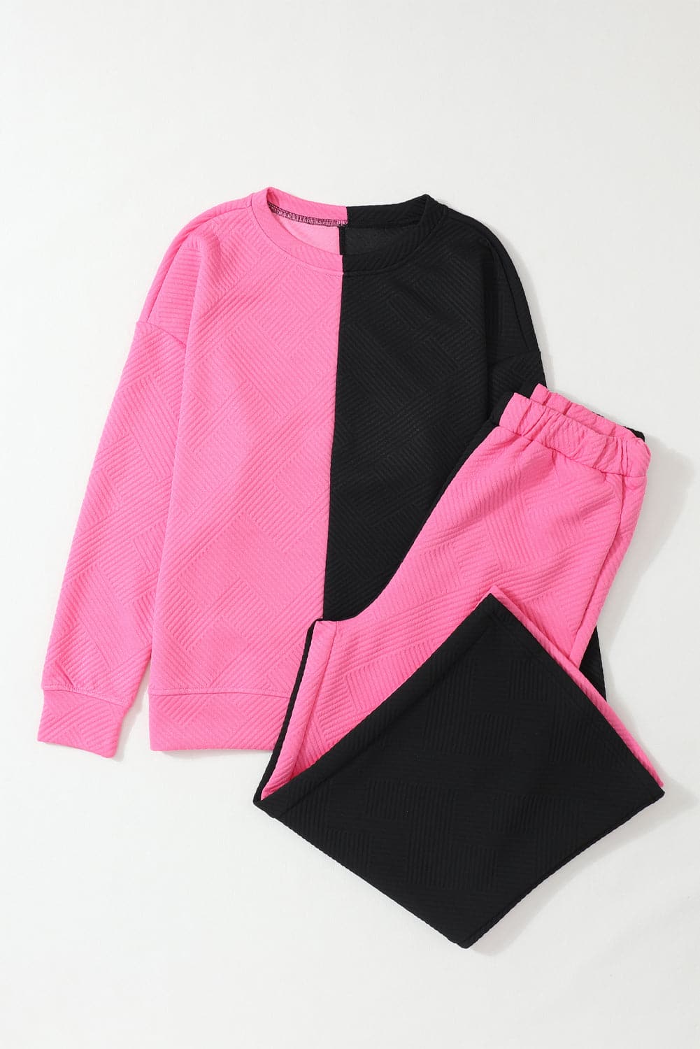 Color Block Round Neck Sweatshirt and Pants Set.