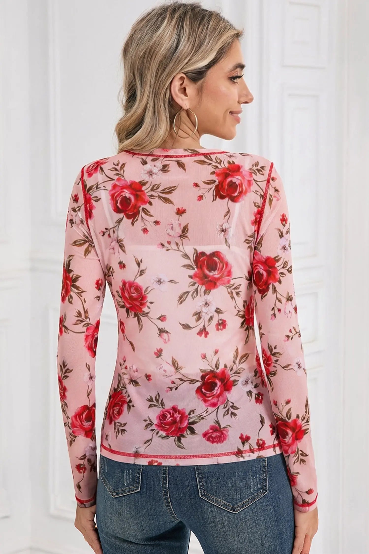 Pink Floral Print Mesh Long Sleeve Top With Exposed Seam Detail Dear-Lover Dropshipping