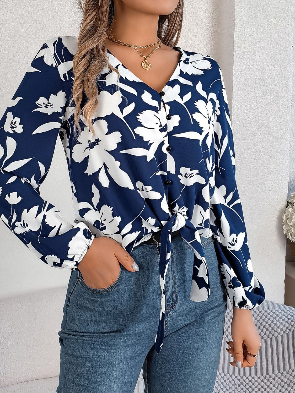 Printed V-Neck Long Sleeve Blouse.