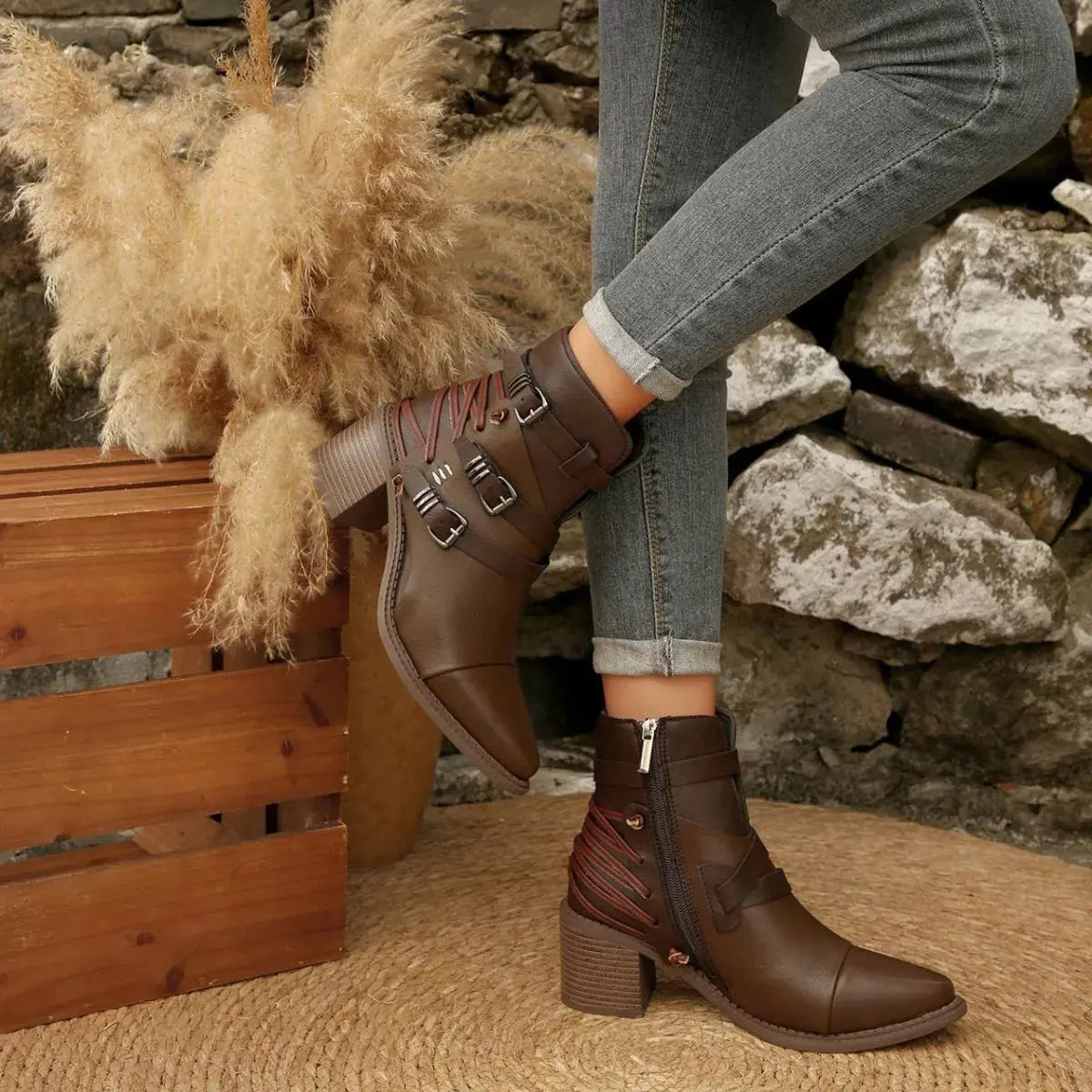 Point Toe Buckle Strap Ankle Boots with Block Heels Simply Love