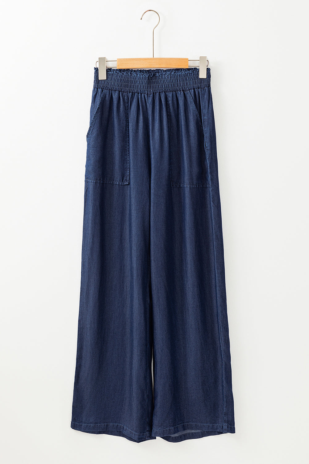 Sail blue frilled smocked high-waist wide-leg jeans with pockets