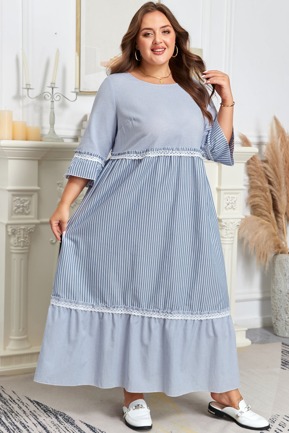 Sky Blue Stripe Crisscross Lace Patchwork Plus Size Dress