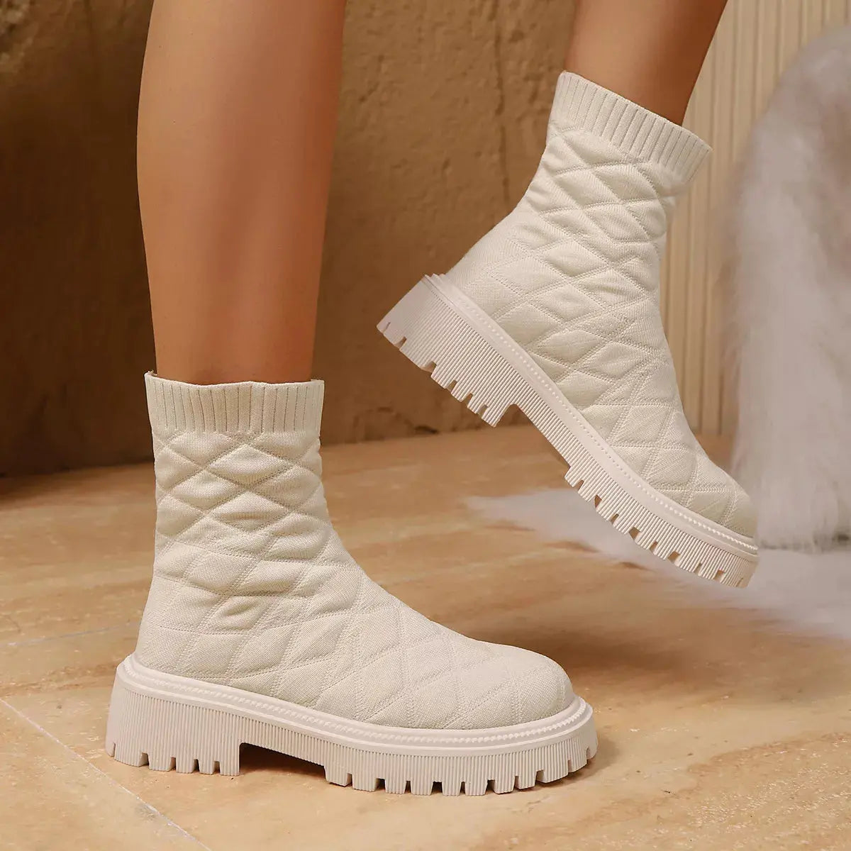 Black Knit Sock Boots With Round Toe And Low Heel Thick Lug Sole Simply Love