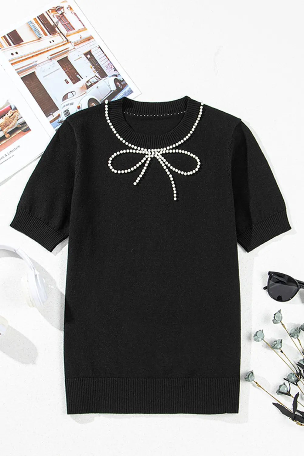 Bria Pearl Bow Short Sleeve Knitted Top for Women - Love Salve 