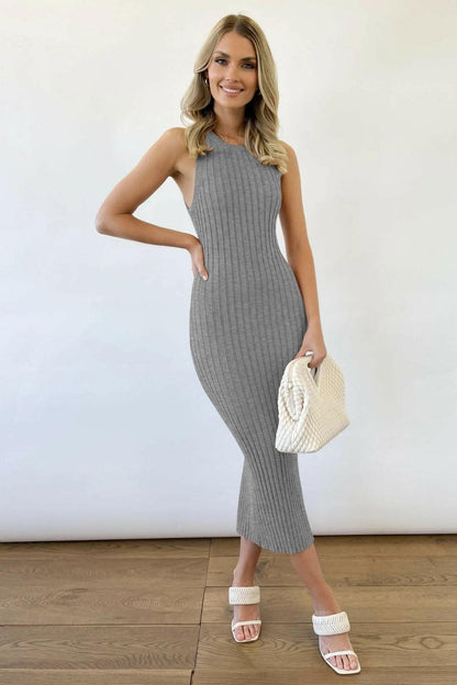 Slit Ribbed Round Neck Sleeveless Dress.