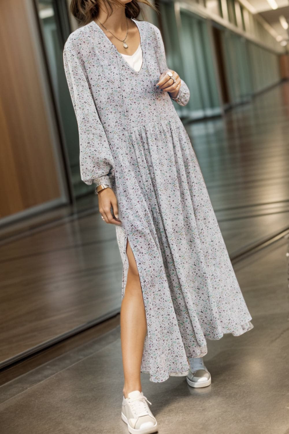 Slit Printed Tie Neck Long Sleeve Dress.