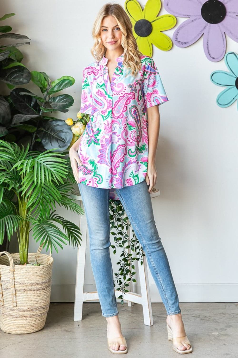 Heimish Full Size Paisley Print Short Sleeve Top.