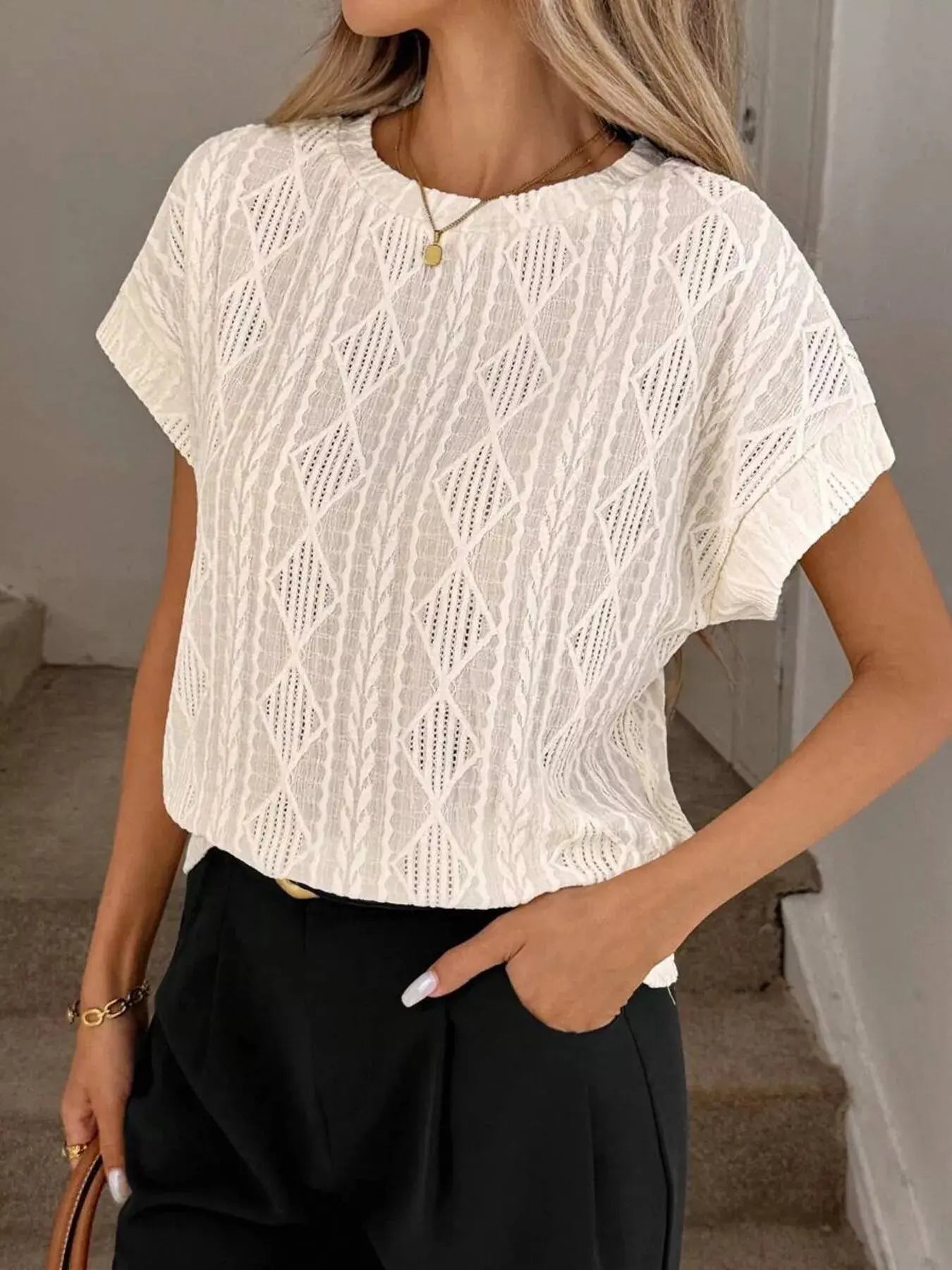 Diamond Pattern Round Neck Top Simply Love