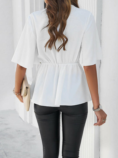 Surplice Tie Waist Half Sleeve Blouse.