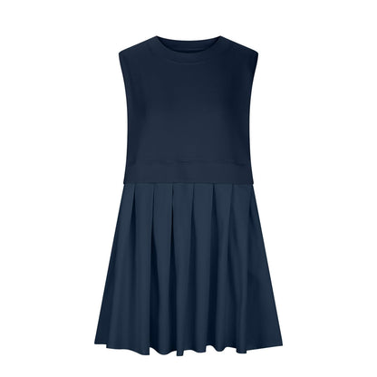 Pleated Round Neck Sleeveless Mini Dress.