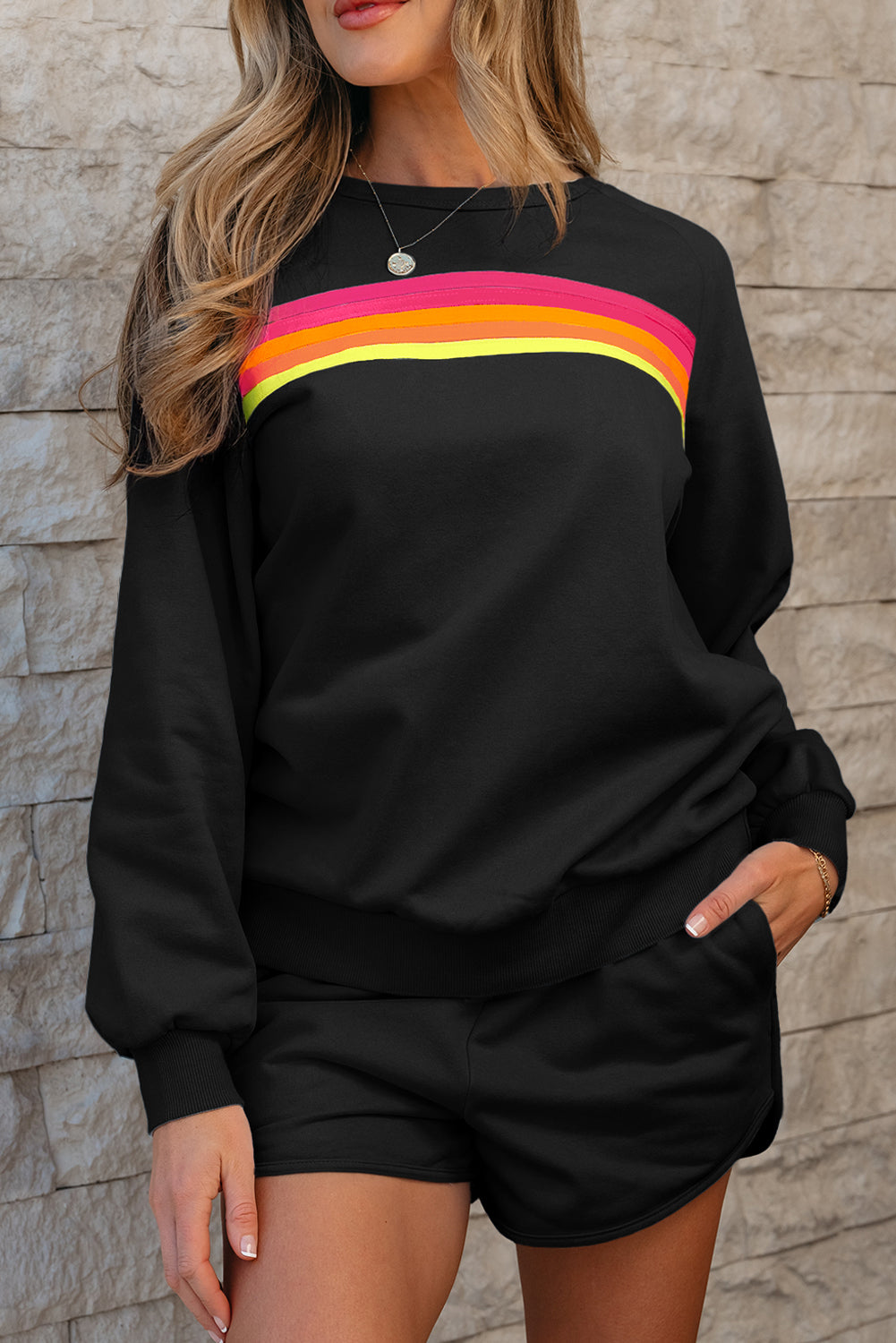 Black Striped Accent Pullover and Shorts Two Piece Set